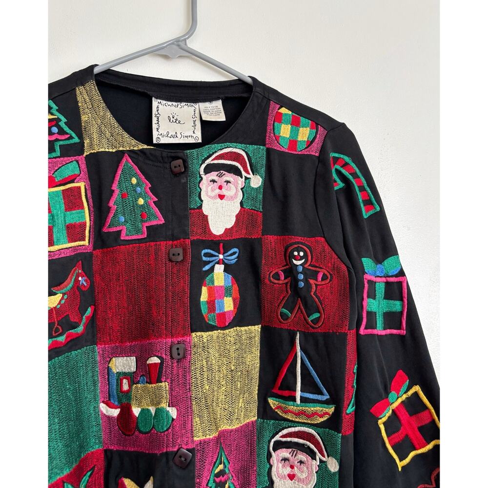 Black Red Vintage Michael Simon Christmas Patchwork Cardigan S - Picture 2 of 7